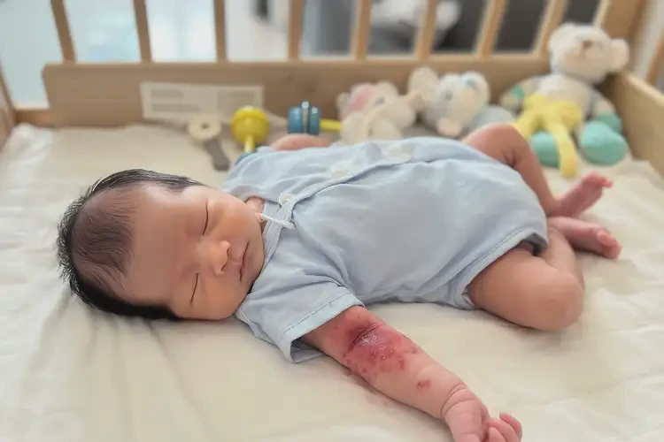 新生儿手臂上偶尔起湿疹可以彻底自愈吗(图1)